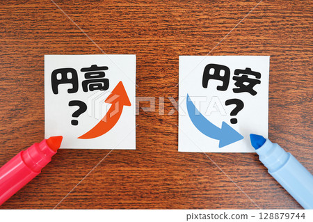 A photo of red and blue pens and arrows representing a strong and weak yen A photo of red and blue pens and arrows representing a strong and weak yen 128879744