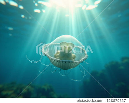 Macro View of Translucent Jellyfish with Sunlit Bell and Digestive Anatomy Floating Gracefully in Shallow Coastal Waters 128879837