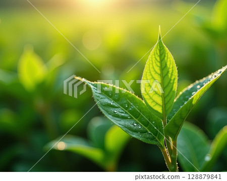 Close-Up of Dewy Tea Leaves with Serrated Edges and Vein Texture Illuminated by Morning Sunlight 128879841