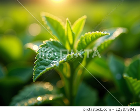 Macro Shot of Dewy Tea Leaves with Serrated Edges and Vein Structure Backlit by Morning Sunlight 128879842