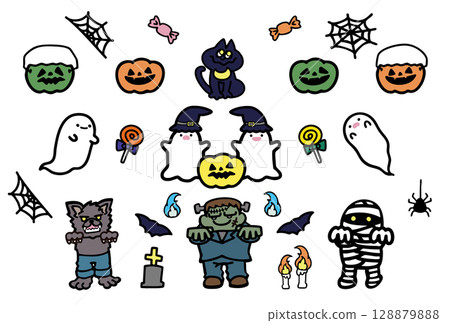 各種萬聖節人物和主題的插圖 各種萬聖節人物和主題的插圖 128879888