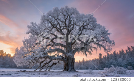 majestic, frost covered oak tree stands in serene winter landscape at sunrise, with vibrant sky of pink, orange, and purple hues. surrounding forest adds depth and tranquility. 128880003