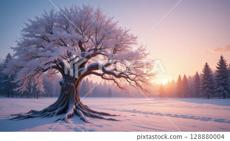majestic snow covered tree stands in serene winter landscape, surrounded by forest of evergreen trees under soft, colorful sunrise. scene evokes tranquility and natural beauty. 128880004