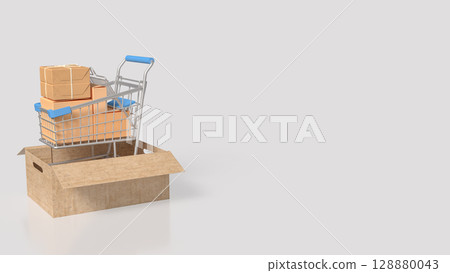 The Shopping Cart in card box for Shipping or transportation concept 3d Rendering. 128880043