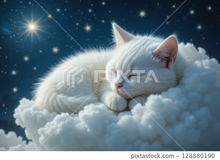 serene white cat sleeping on fluffy clouds under starry night sky 128880190