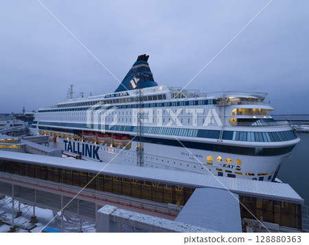 A cruise ship docked in the port of Tallinn in the early morning, Estonia / Tallinn, Estonia A cruise ship docked in the port of Tallinn in the early morning, Estonia / Tallinn, Estonia 128880363