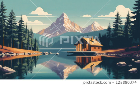 serene illustration of wooden cabin on calm lake surrounded by pine trees, with majestic snow capped mountains in background under clear blue sky. reflection in water adds tranquility. 128880374