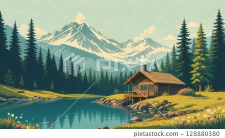 cozy wooden cabin sits by serene lake surrounded by lush pine trees, with majestic snow capped mountains in background under clear blue sky. tranquil setting evokes peace and natural beauty. 128880380