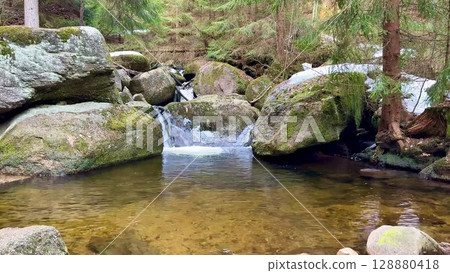 An incredibly Serene Mountain Stream that features a Tranquil Flowing Water experience 128880418
