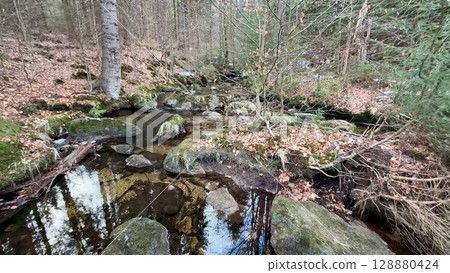 A tranquil stream flows through a beautiful forested landscape with rocks and vibrant leaves 128880424