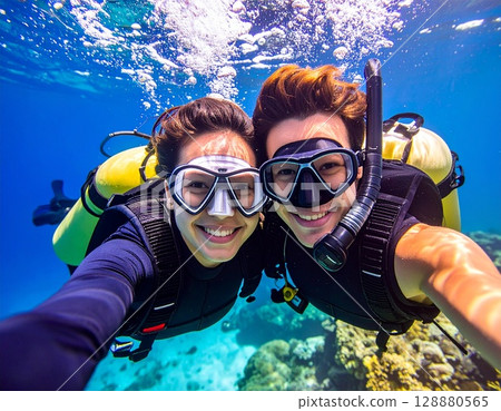 Blue sea and diver 128880565