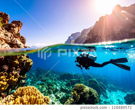 Blue sea and diver 128880572