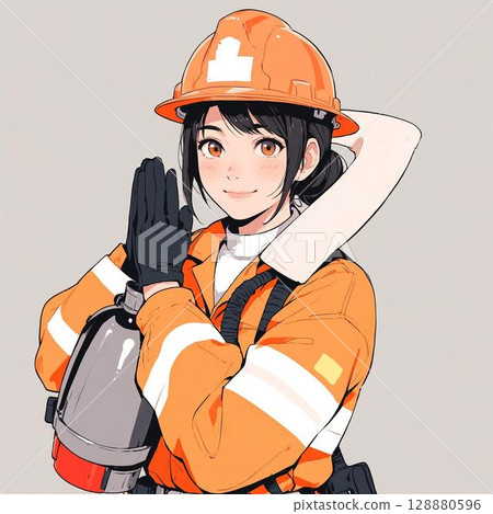 拿著滅火器的微笑的女消防員 拿著滅火器的微笑的女消防員 128880596