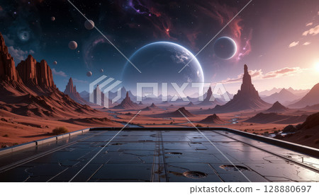 stunning alien landscape with mountains, planets, and futuristic platform 128880697