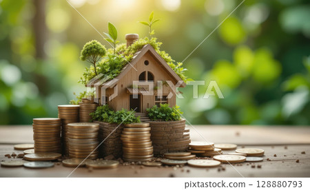 miniature house with greenery and coins symbolizes investment and growth miniature house with greenery and coins symbolizes investment and growth 128880793