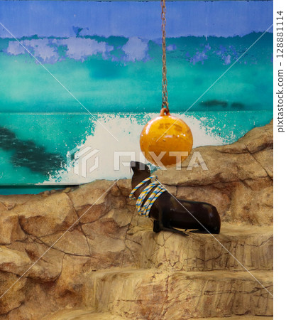 A sea lion waiting to perform and a floating ring 128881114
