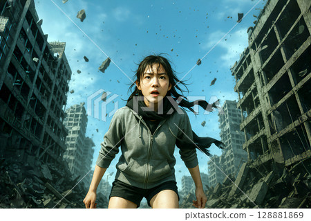 一名舊金山女孩站在一座廢墟小鎮 128881869