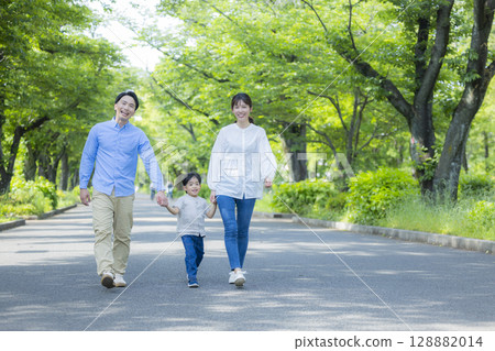 Family walking in the fresh green park 128882014