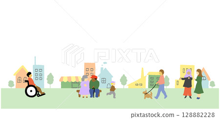 Cute hand drawn illustration of a cityscape with various people 128882228