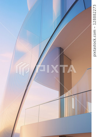 建築物的一角，有著令人印象深刻的光滑彎曲玻璃 128882273
