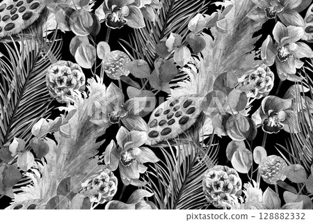 Seamless black and white pattern with dried flowers and orchithea watercolor Seamless black and white pattern with dried flowers and orchithea watercolor 128882332