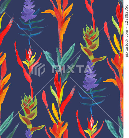 Seamless pattern with night tropics with vertical flowers on a dark background painted Seamless pattern with night tropics with vertical flowers on a dark background painted 128882350