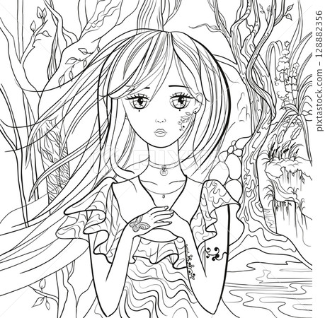 black and white coloring illustration on the background of a landscape in a vector for printing 128882356