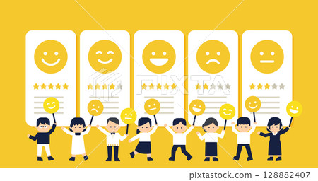 評論評級卡圖示微笑與星星|向量素材背景引人注目 128882407