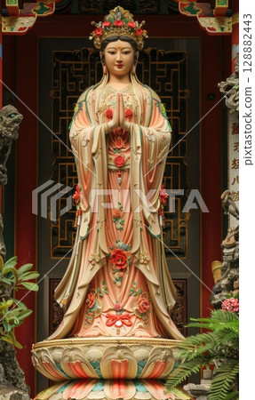 Mazu devotion: sea goddess veneration, Chinese folk religion, divine protector, Buddhist influence, Taoist belief, Fujian heritage, maritime guardian, temple festival, cultural tradition 128882443