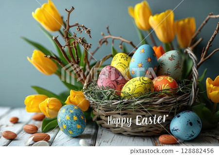Colorful Easter eggs are arranged in a woven basket nestled among bright yellow tulips. Almonds scatter around, creating a festive atmosphere while the phrase Happy Easter adds charm. Colorful Easter eggs are arranged in a woven basket nestled among bright yellow tulips. Almonds scatter around, creating a festive atmosphere while the phrase Happy Easter adds charm. 128882456