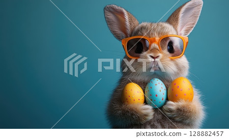 A cheerful bunny wearing bright orange sunglasses holds three decorated Easter eggs in its paws. The colorful eggs and vibrant backdrop create a festive atmosphere for the holiday. 128882457