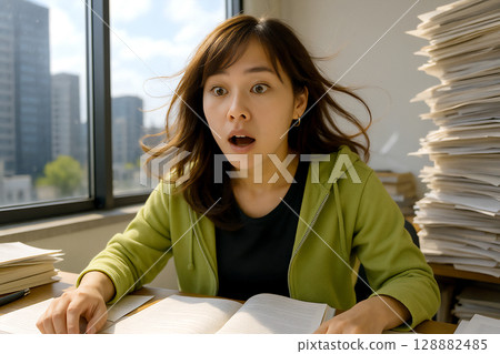 A young woman is surprised at the document 128882485