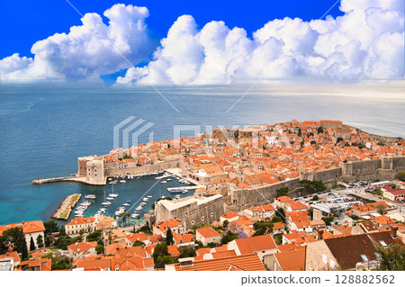 Spectacular views of the old town of Dubrovnik, a world heritage site and fortress Spectacular views of the old town of Dubrovnik, a world heritage site and fortress 128882562