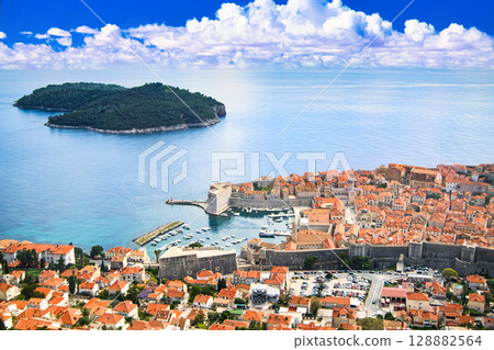 Spectacular views of the old town of Dubrovnik, a world heritage site and fortress 128882564