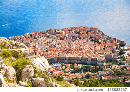Spectacular views of the old town of Dubrovnik, a world heritage site and fortress 128882567