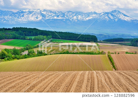 北海道上富良野的丘陵和十勝山脈的壯麗景色 128882596