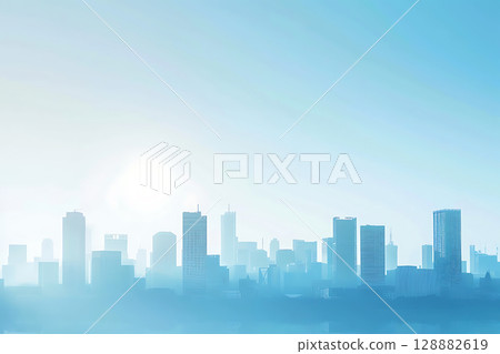 Blue sky and sunlight illuminated city buildings silhouette background Blue sky and sunlight illuminated city buildings silhouette background 128882619
