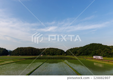 A view of rice fields and rural areas after rice planting - Heisei Chikuho Railway "Tsunagari-go" A view of rice fields and rural areas after rice planting - Heisei Chikuho Railway "Tsunagari-go" 128882807