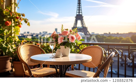 Parisian Cafe Scene with Eiffel Tower View at Sunset Parisian Cafe Scene with Eiffel Tower View at Sunset 128882876