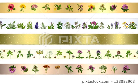 Flower Ribbon with Pink and Yellow Blooms for Floral Design 128882908