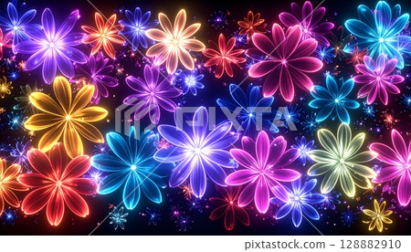 Abstract Neon Flowers Glowing in Dark Background 128882910