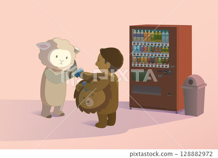 A vector illustration of a man wearing a costume handing a can of juice to a man wearing a sheep costume in front of a vending machine in the sunset 128882972