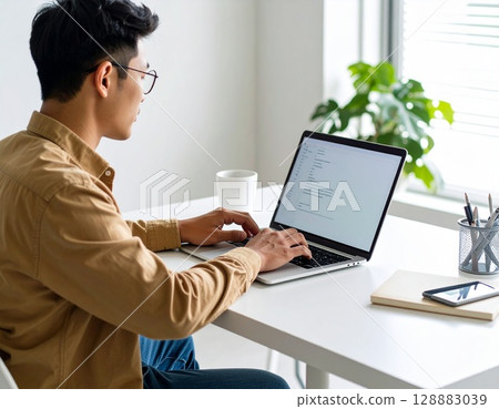 專注於案頭工作：在現代辦公室工作的日本男人 128883039