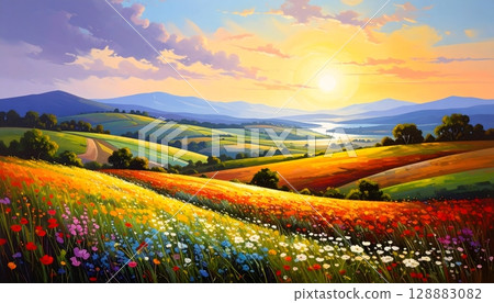 Blooming Flower Meadow in Summer Landscape at Sunset 128883082