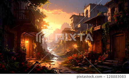 Scenic Village Street at Sunset with River and Stone Buildings 128883083