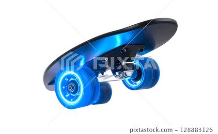 Penny Board with Illuminated Wheels Isolated on Black 128883126