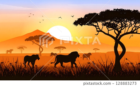 African Savannah Wildlife Scene with Lions at Sunset 128883273