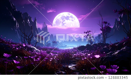 Fantasy Landscape with Purple Flowers and Moon 128883345