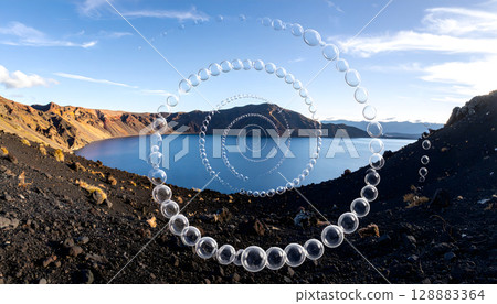 Volcanic Lake Landscape with Soap Bubble Spiral Art 128883364