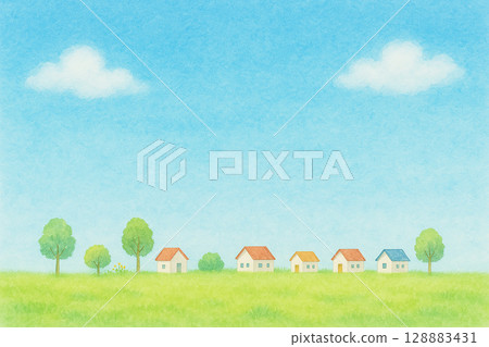 一排房屋漂浮在綠色草地上的水平背景 128883431